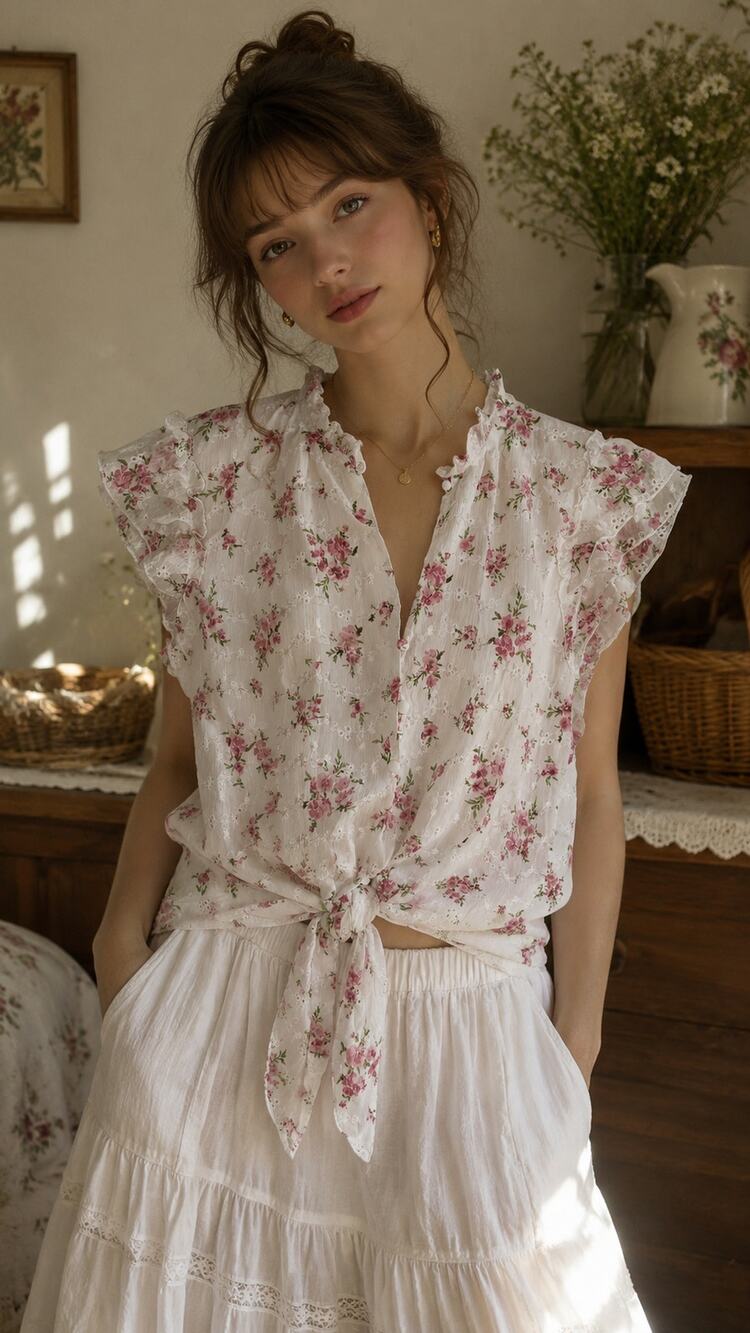 Coquette Floral Tie Front Button Blouse Eyelet Cottage Prairie Romantic Ethereal